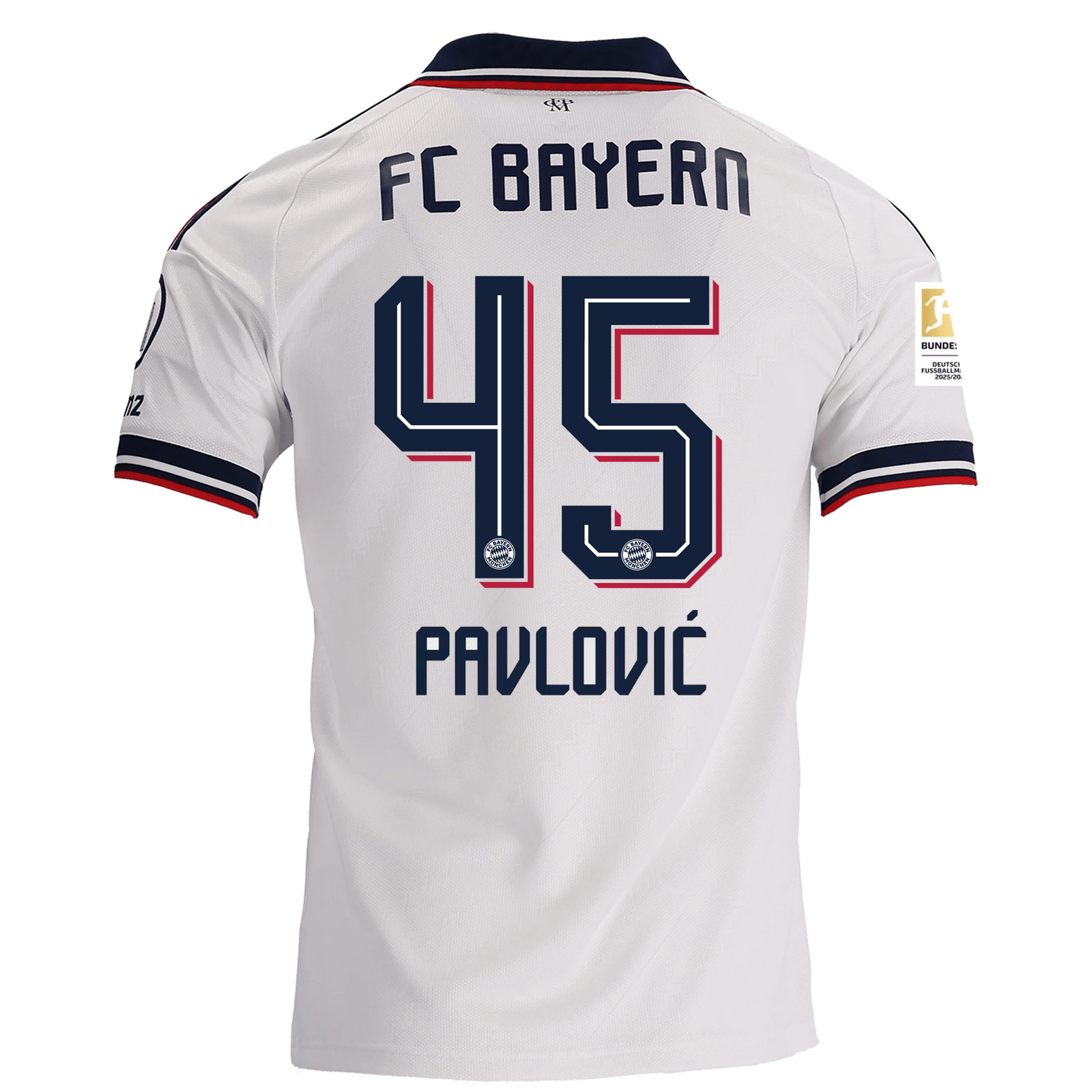 adidas Mens Bayern Munich Aleksandar Pavlović Away Jersey w/ Bundesliga Champion Patch 26/27 (White)