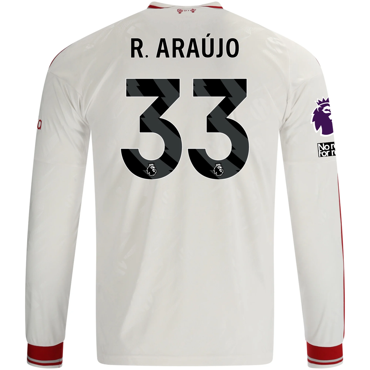 adidas Mens Liverpool Ronald Araújo Long Sleeve Away Jersey w/ EPL + No Room For Racism Patches 26/27 (White/Red)