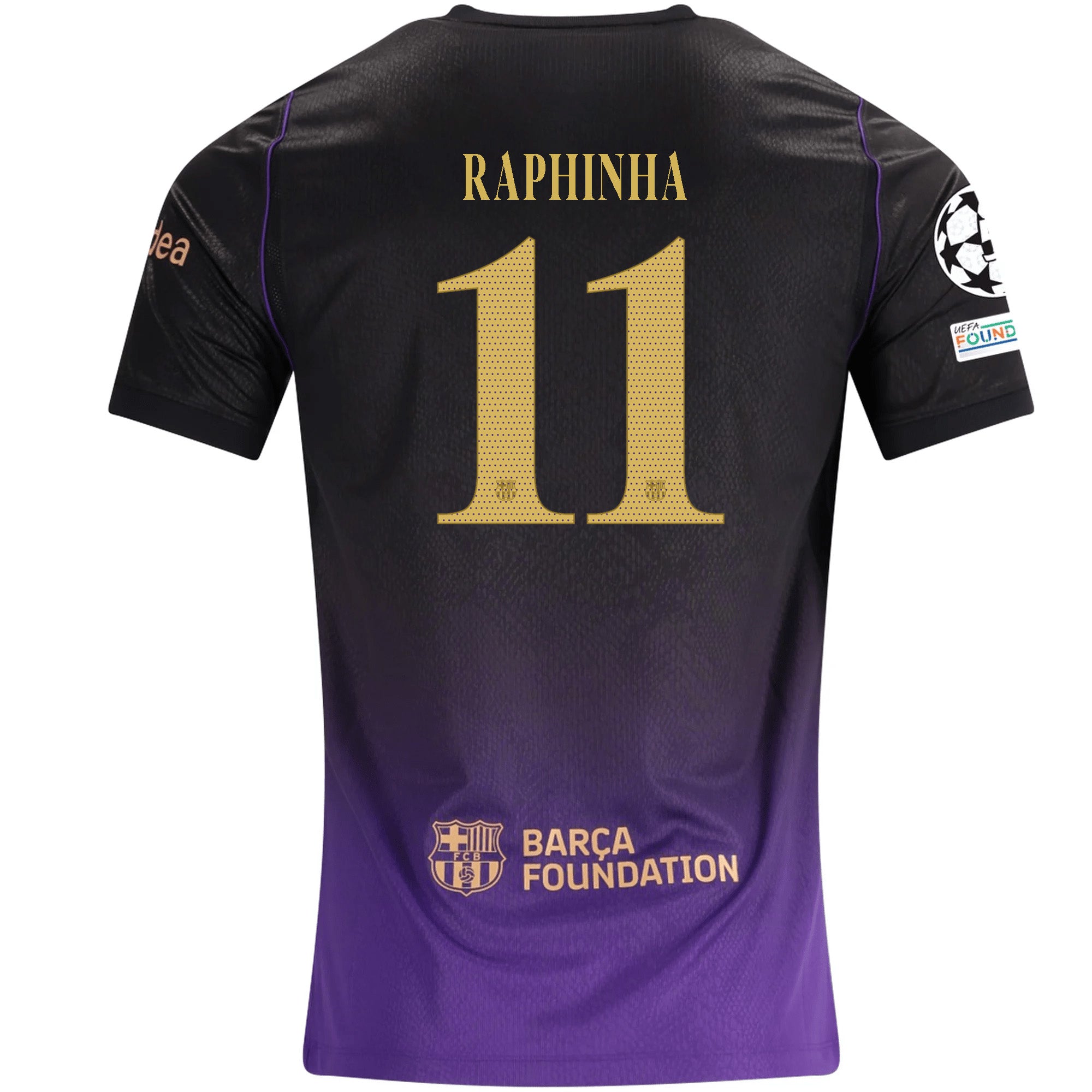 Nike Mens Barcelona Raphael Dias Belloli Away Jersey w/ Champions League Patches 26/27 (Purple/Metallic Gold)