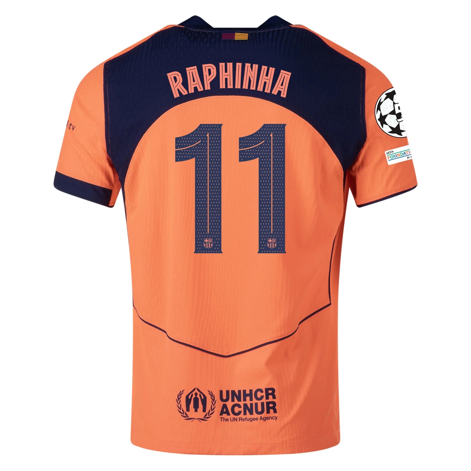 Nike Raphinha FC Barcelona Third T90 Authentic Jersey 25/26 w/ Champions League Patches (Mango/Navy)