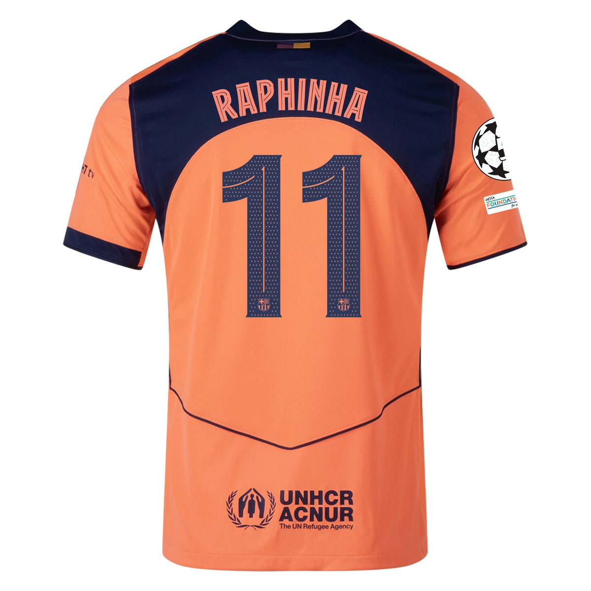 Nike Raphinha Men&#39;s FC Barcelona T90 Third Jersey 25/26 w/ Champions League Patches (Mango/Navy)