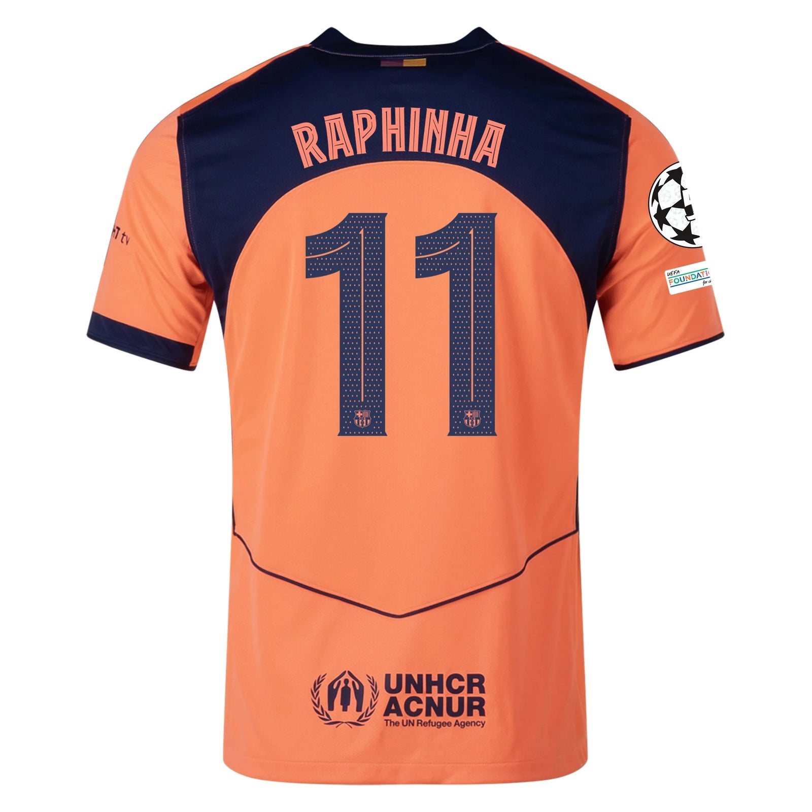 Nike Raphinha Men's FC Barcelona T90 Third Jersey 25/26 w/ Champions League Patches (Mango/Navy)