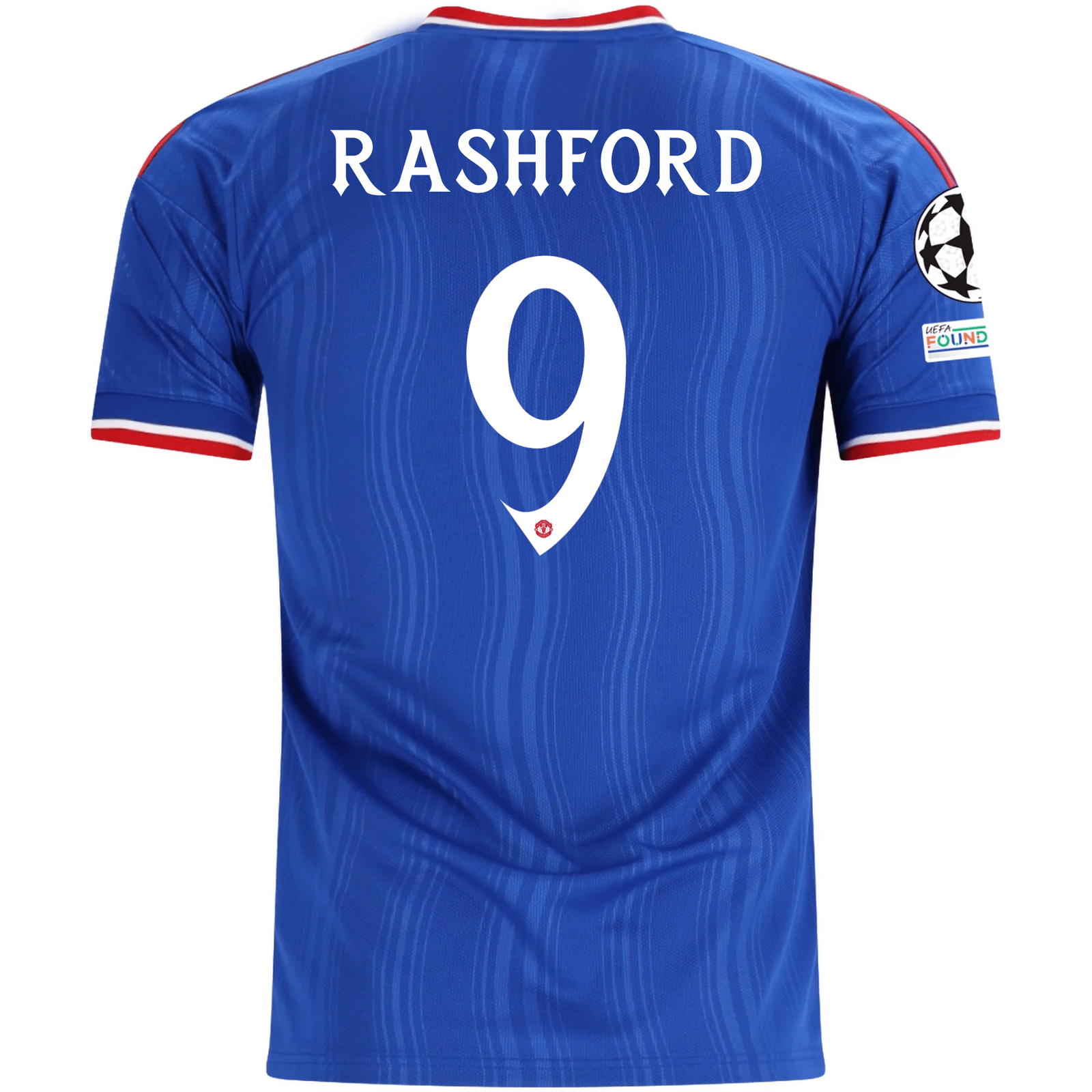 adidas Mens Manchester United Marcus Rashford Away Jersey w/ Champions League Patches 26/27 (Blue)