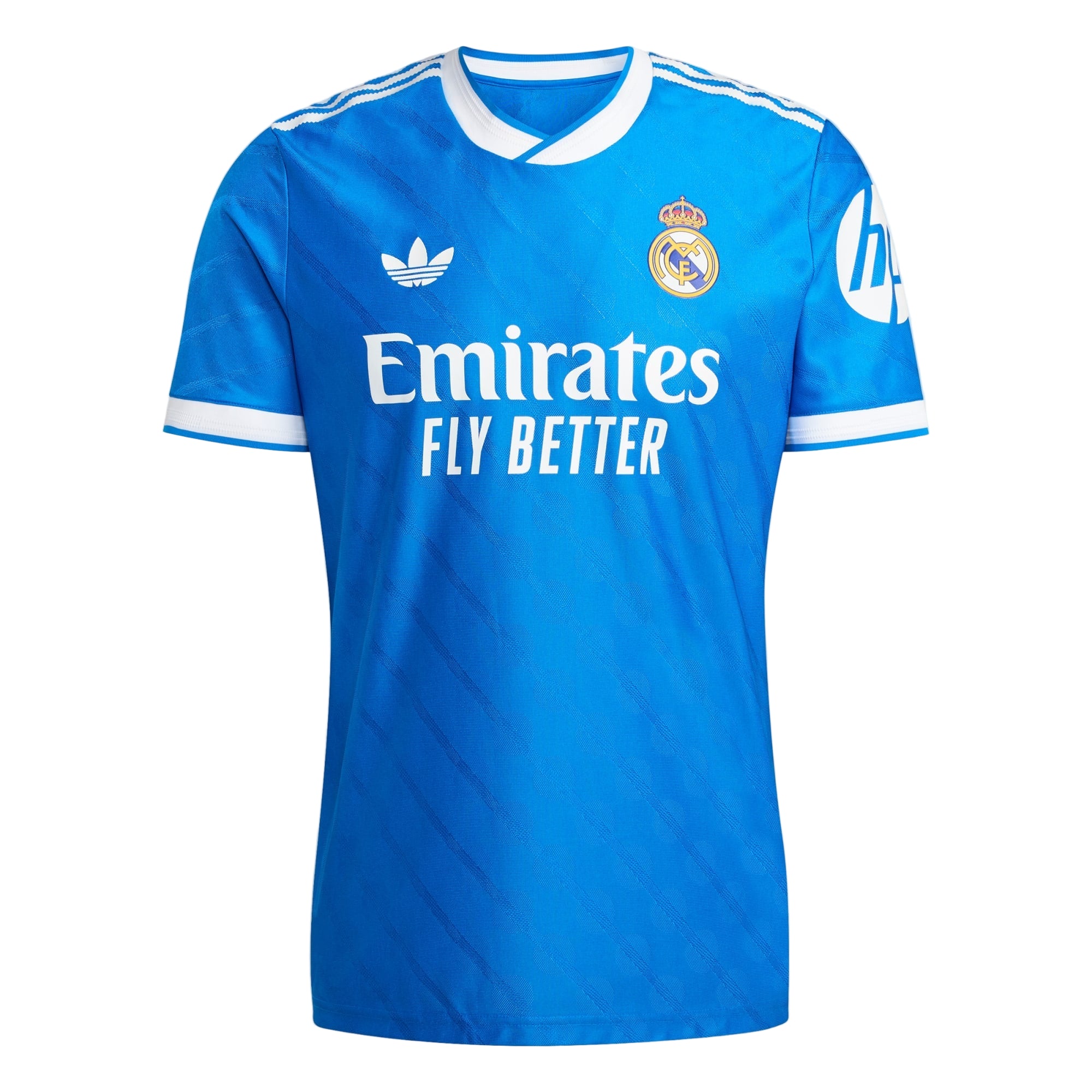 Blue sports jersey with Emirates and Adidas logos on a gray background