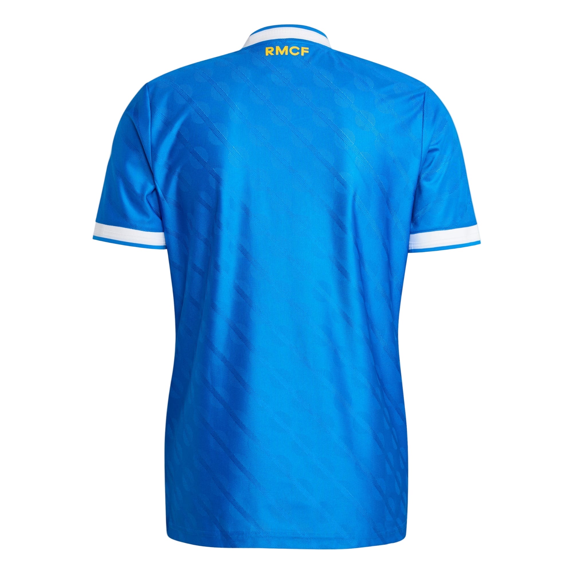 Blue sports jersey with Emirates and Adidas logos on a gray background