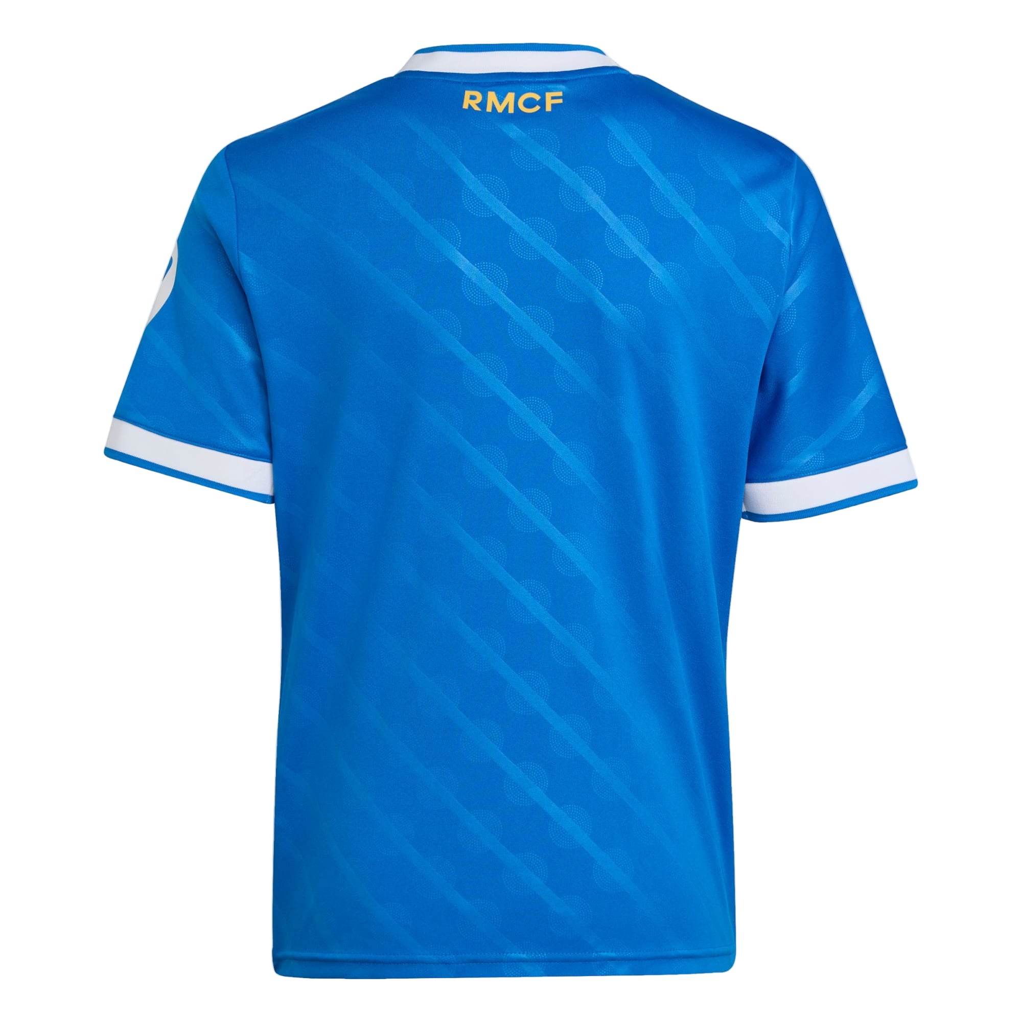 Blue sports jersey with branding on a light gray background