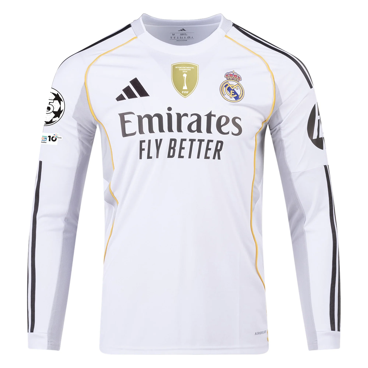 adidas Real Madrid Long Sleeve Home Jersey w/ Intercontinental + Champions League Patches 25/26 (White)