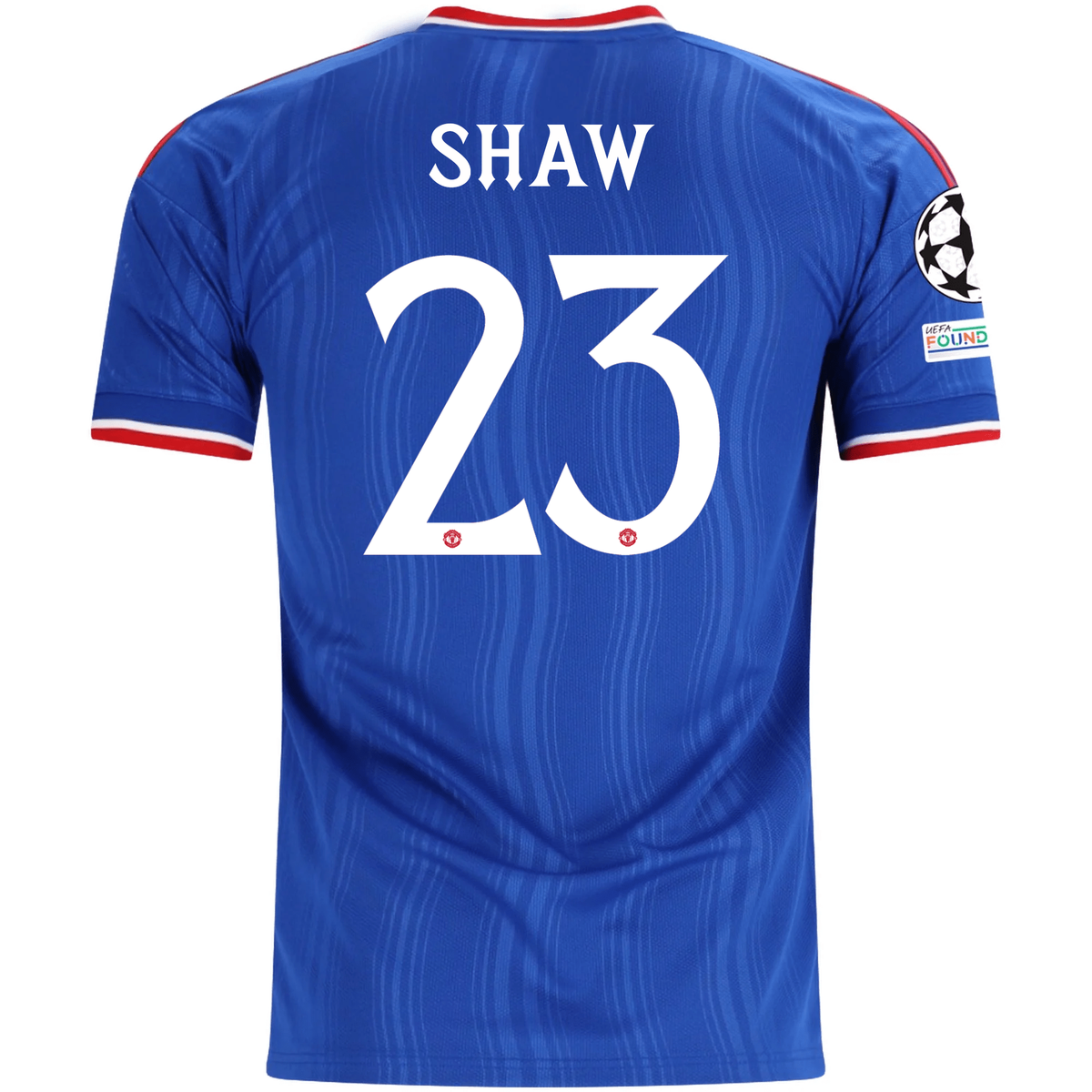 adidas Mens Manchester United Luke Shaw Away Jersey w/ Champions League Patches 26/27 (Blue)
