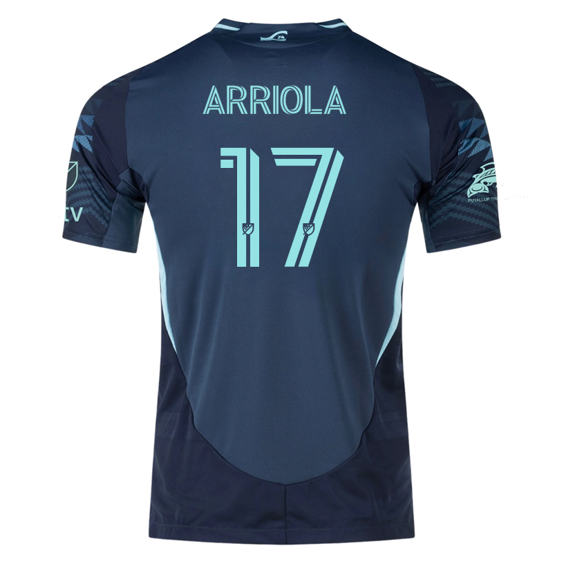 adidas P. Arriola Seattle Sounders Authentic Away Jersey 25/26 w/ MLS Patches &amp; Sponsor (Aura Ink)