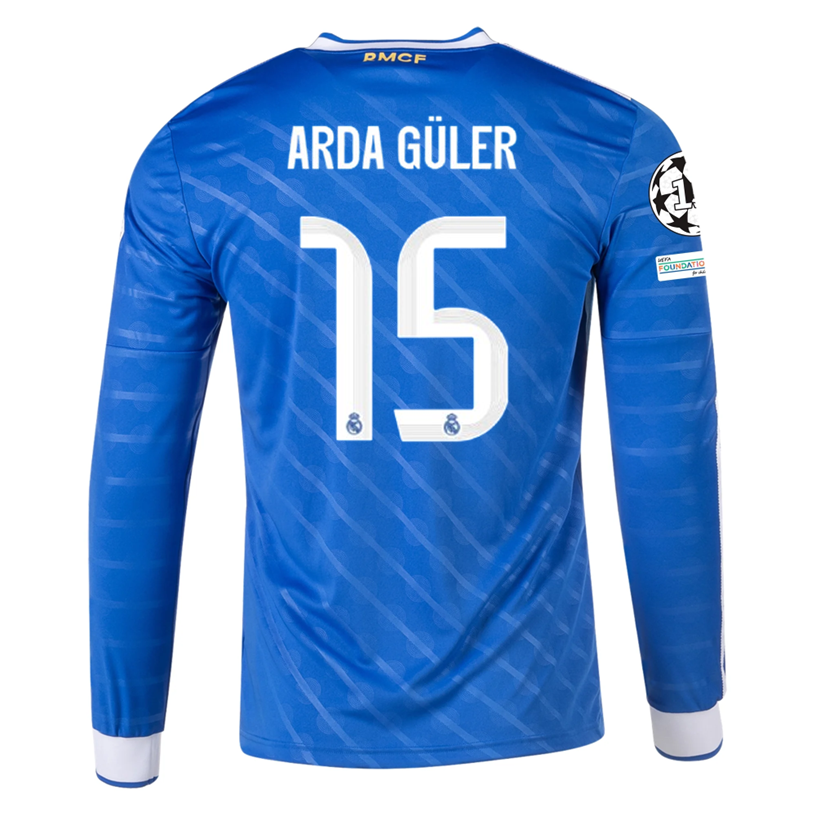 adidas Men's Real Madrid Arda Guler Long Sleeve Third Jersey w/ Champions League Patches 25/26 (Blue/White)