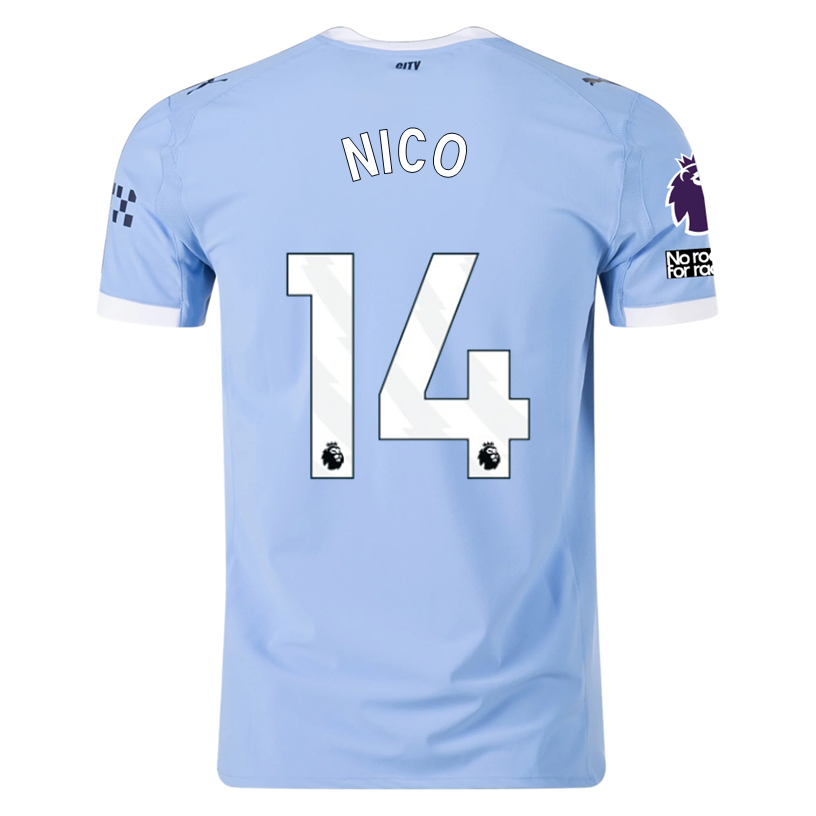 Puma Manchester City Authentic Nico Home Jersey w/ EPL + No Room For Racism Patches 25/26 (Team Light Blue/White)