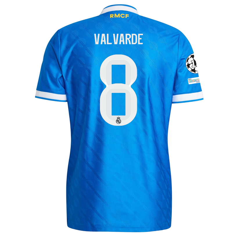 adidas Men's Valvarde  Real Madrid 25/26 Authentic Third Jersey w/ Champions League Patches (Blue)