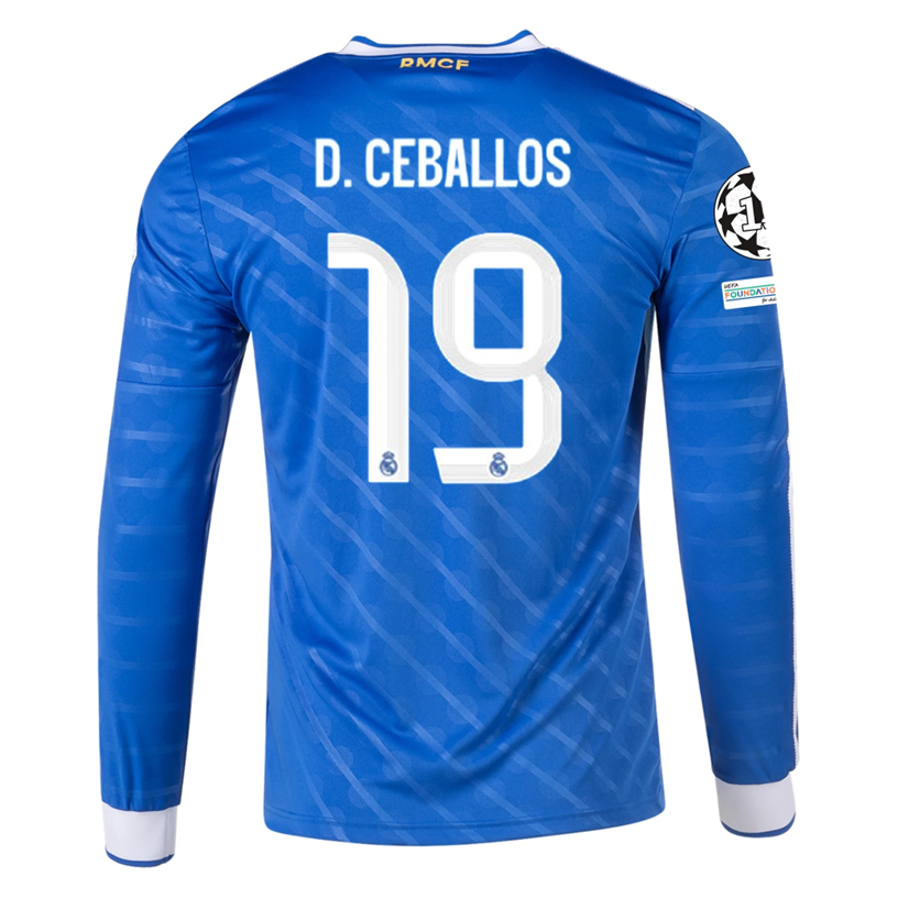 adidas Men's Real Madrid D. Ceballos Long Sleeve Third Jersey w/ Champions League Patches 25/26 (Blue/White)