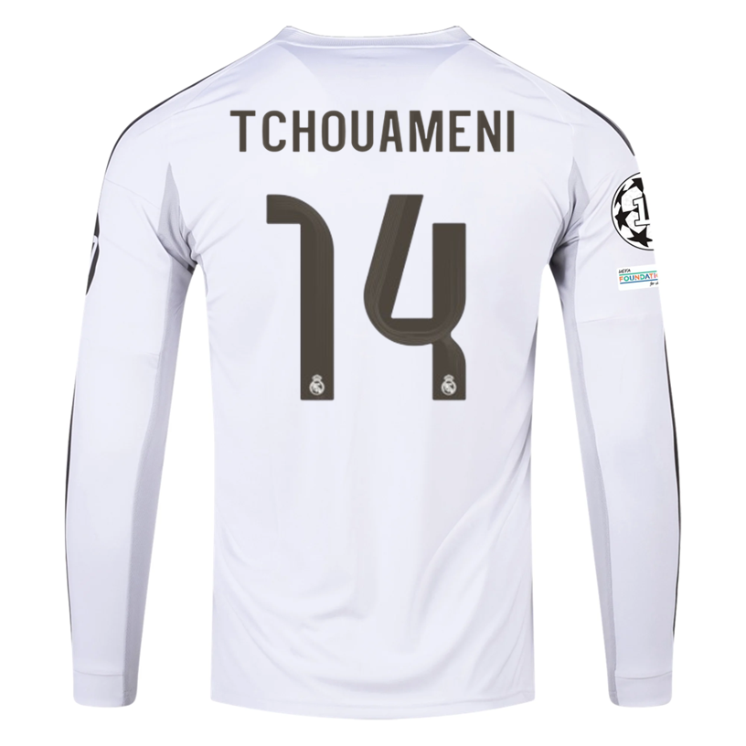 adidas Real Madrid Tchouameni Long Sleeve Home Jersey w/ Intercontinental + Champions League Patches 25/26 (White)