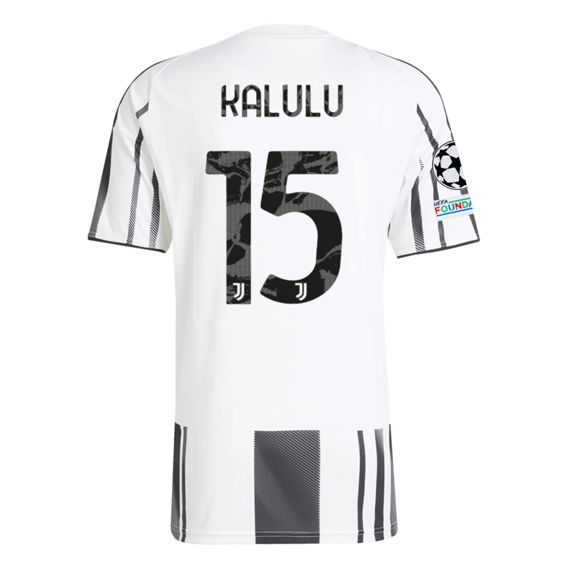 adidas Juventus Kalulu Home Jersey w/ Champions League Patches 25/26 (White/Black/Pink)
