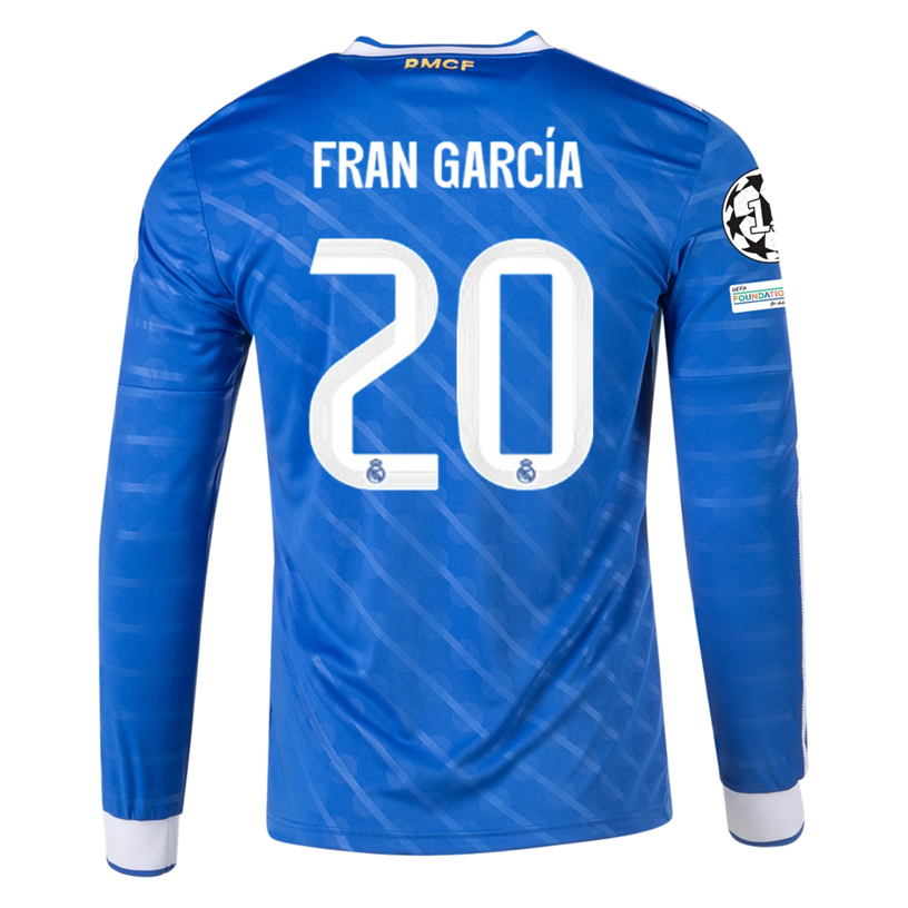 adidas Men's Real Madrid Fran Garcia Long Sleeve Third Jersey w/ Champions League Patches 25/26 (Blue/White)