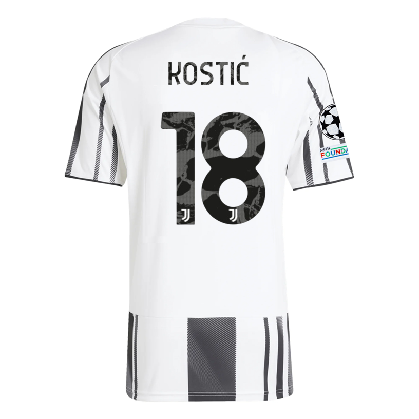 adidas Juventus Kostic Home Jersey w/ Champions League Patches 25/26 (White/Black/Pink)