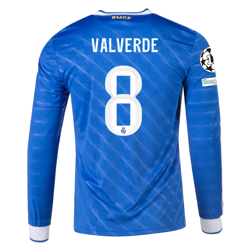 adidas Men's Real Madrid Valverde Long Sleeve Third Jersey w/ Champions League Patches 25/26 (Blue/White)