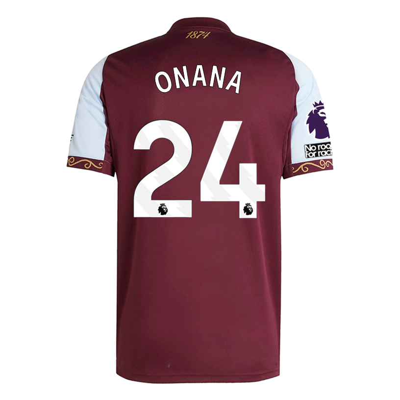 adidas Onana Men's Aston Villa Home Jersey 25/26 w/ NRFR + EPL Patches (Maroon/Blue)