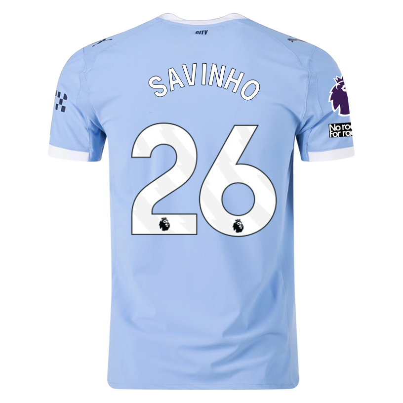 Puma Manchester City Authentic Savinho Home Jersey w/ EPL + No Room For Racism Patches 25/26 (Team Light Blue/White)