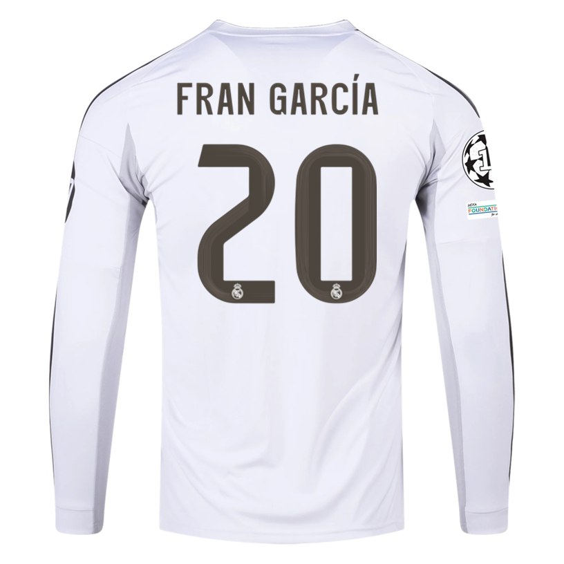 adidas Real Madrid Fran Garcia Long Sleeve Home Jersey w/ Champions League Patches 25/26 (White)