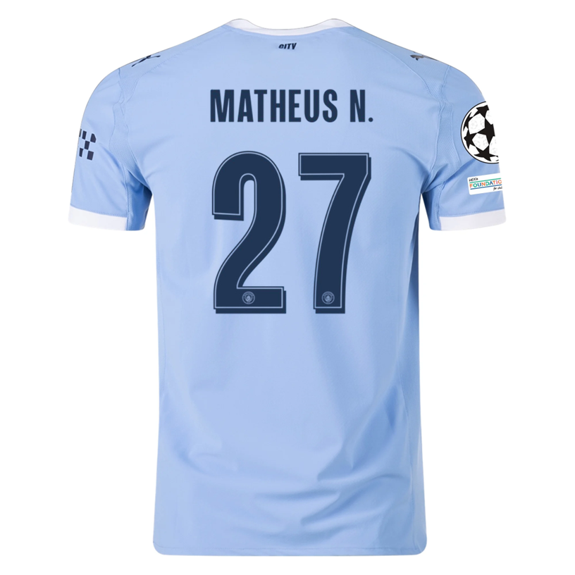 Puma Manchester City Authentic Matheus N. Home Jersey w/ Champions League Patches 25/26 (Team Light Blue/White)