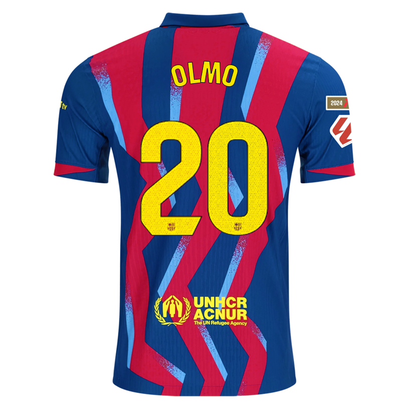 Nike Men's FC Barcelona Olmo 4th Authentic Jersey 25/26 w/ La Liga Patches (Blue/Red/Yellow)