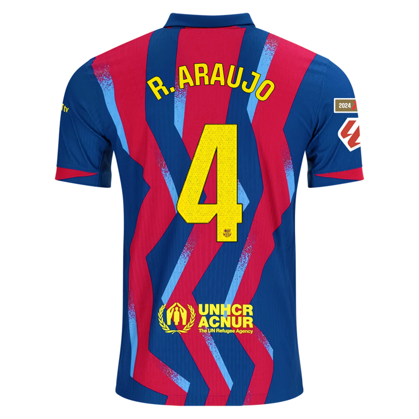 Nike Men's FC Barcelona R. Araujo 4th Authentic Jersey 25/26 w/ La Liga Patches (Blue/Red/Yellow)
