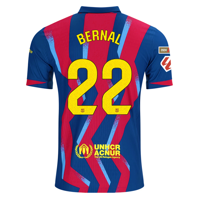 Nike Men's FC Barcelona Bernal 4th Authentic Jersey 25/26 w/ La Liga Patches (Blue/Red/Yellow)