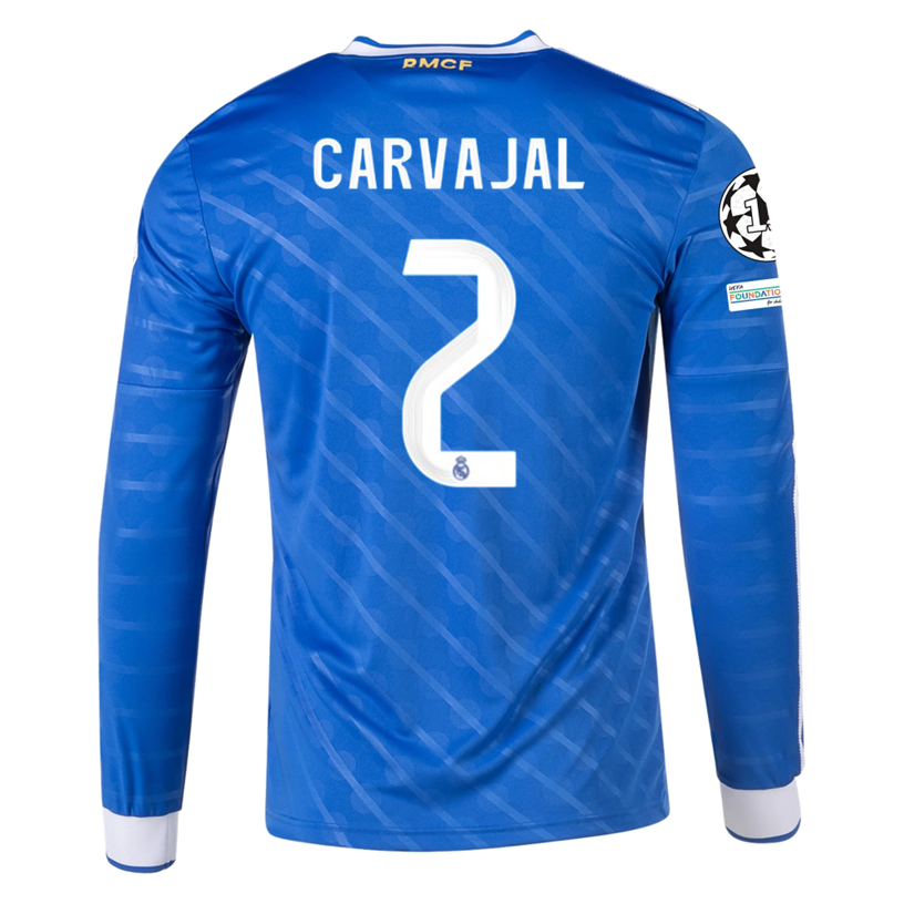 adidas Men's Real Madrid Carvajal Long Sleeve Third Jersey w/ Champions League Patches 25/26 (Blue/White)