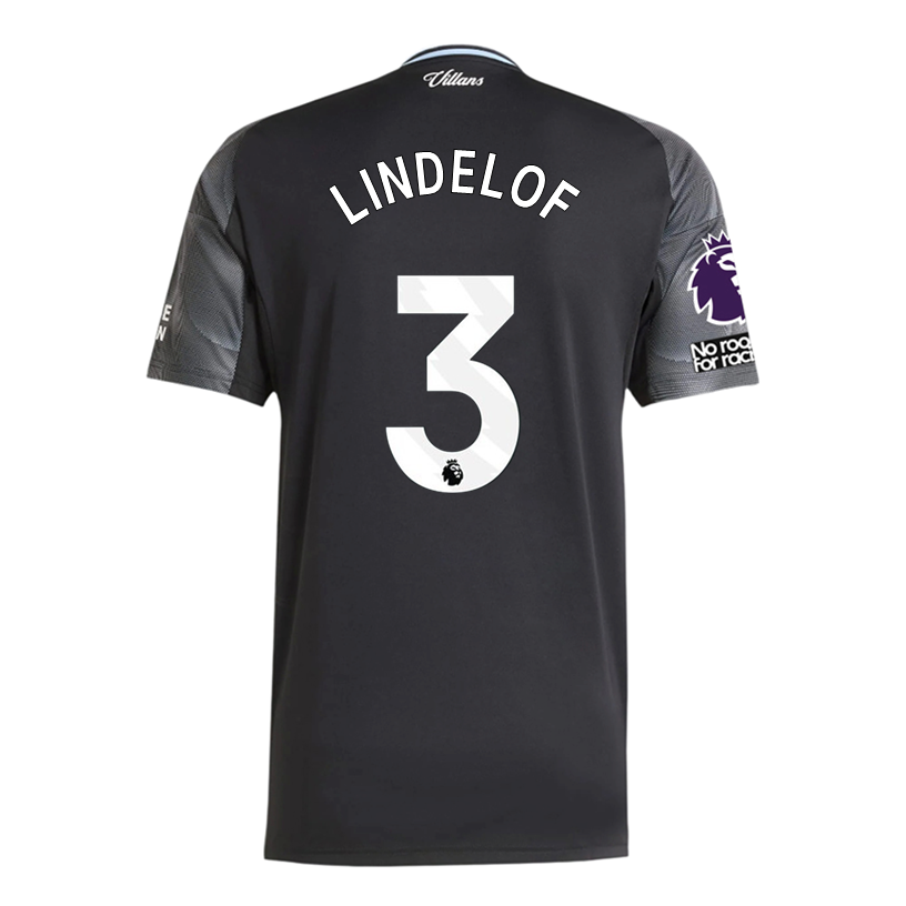 adidas Lindelof Men&#39;s Aston Villa 25/26 Away Jersey w/ EPL + NRFR Patches (Black/Global Blue)