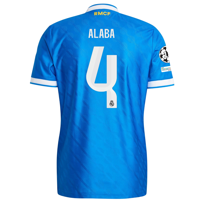 adidas Men's Alaba Real Madrid 25/26 Authentic Third Jersey w/ Champions League Patches (Blue)