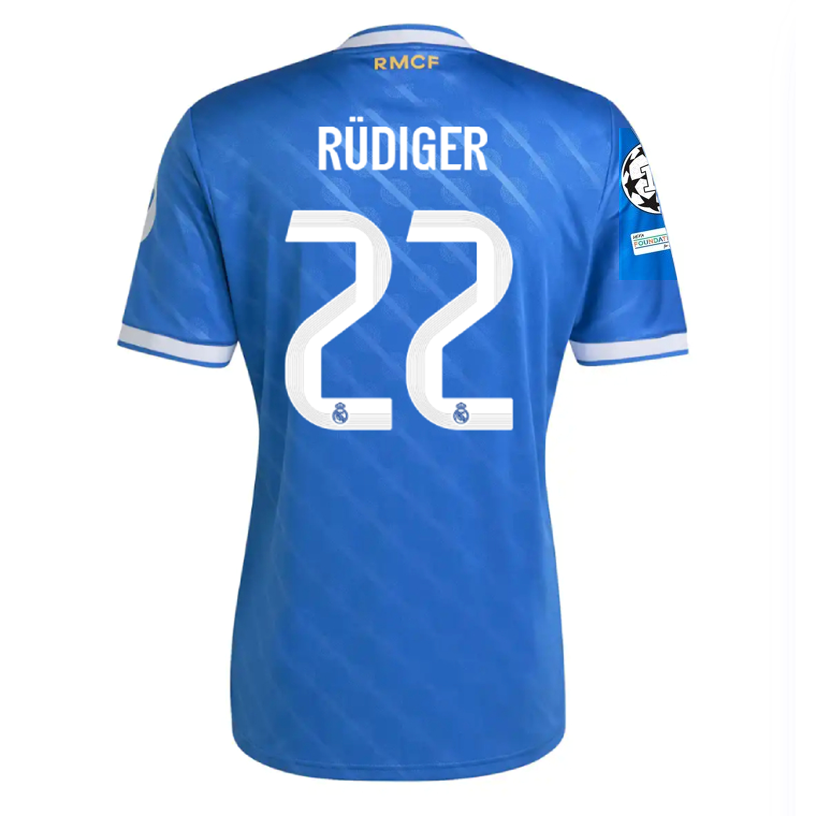 adidas Rudiger Men's Real Madrid Third Jersey 25/26 w/ Champions League Patches (Blue/White)