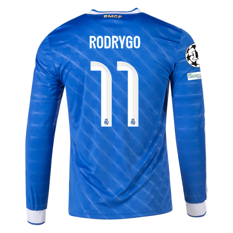 adidas Men's Real Madrid Rodrygo Long Sleeve Third Jersey w/ Champions League Patches 25/26 (Blue/White)