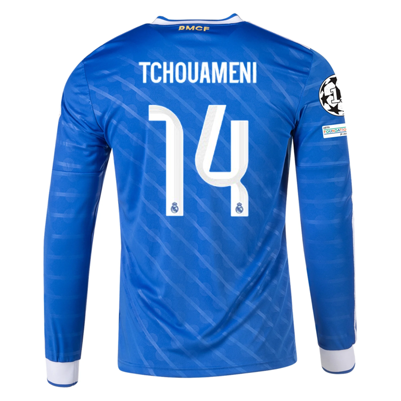 adidas Men's Real Madrid Tchouameni Long Sleeve Third Jersey w/ Champions League Patches 25/26 (Blue/White)