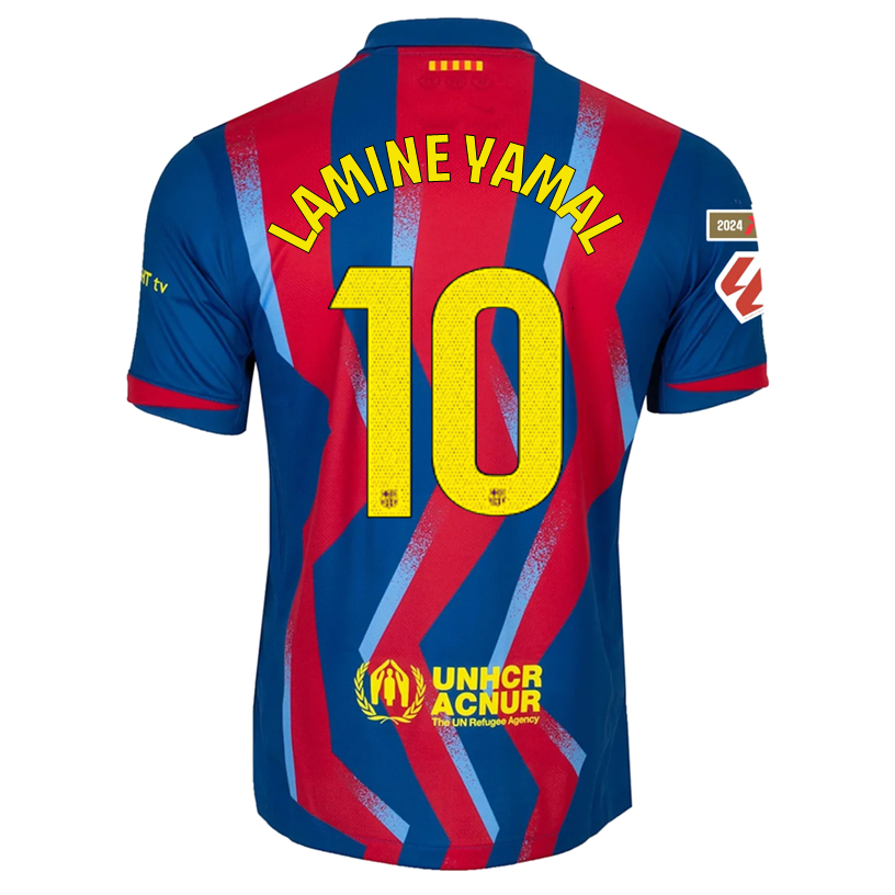 Nike Men&#39;s FC Barcelona Lamine Yamal 4th Jersey 25/26 w/ La Liga Patches (Blue/Red/Yellow)