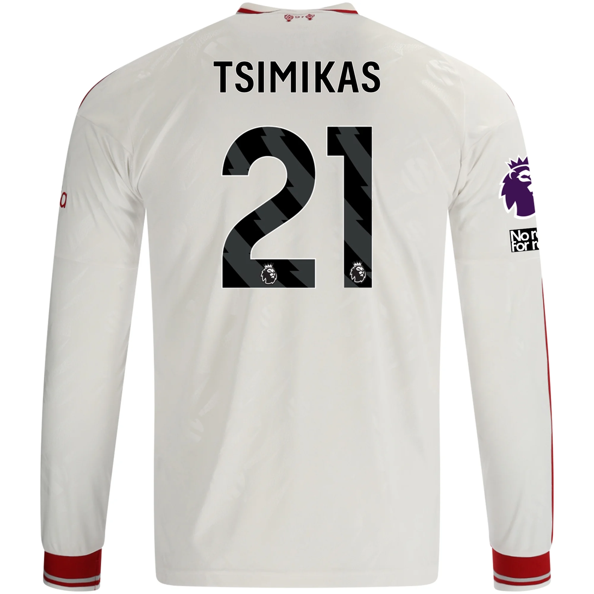adidas Mens Liverpool Kostas Tsimikas Long Sleeve Away Jersey w/ EPL + No Room For Racism Patches 26/27 (White/Red)