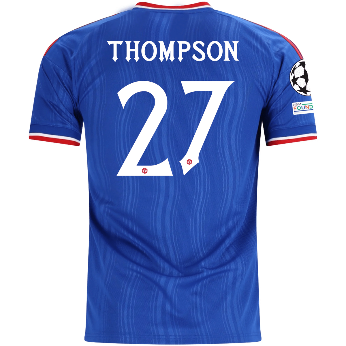 adidas Mens Manchester United Tynan Thompson Away Jersey w/ Champions League Patches 26/27 (Blue)