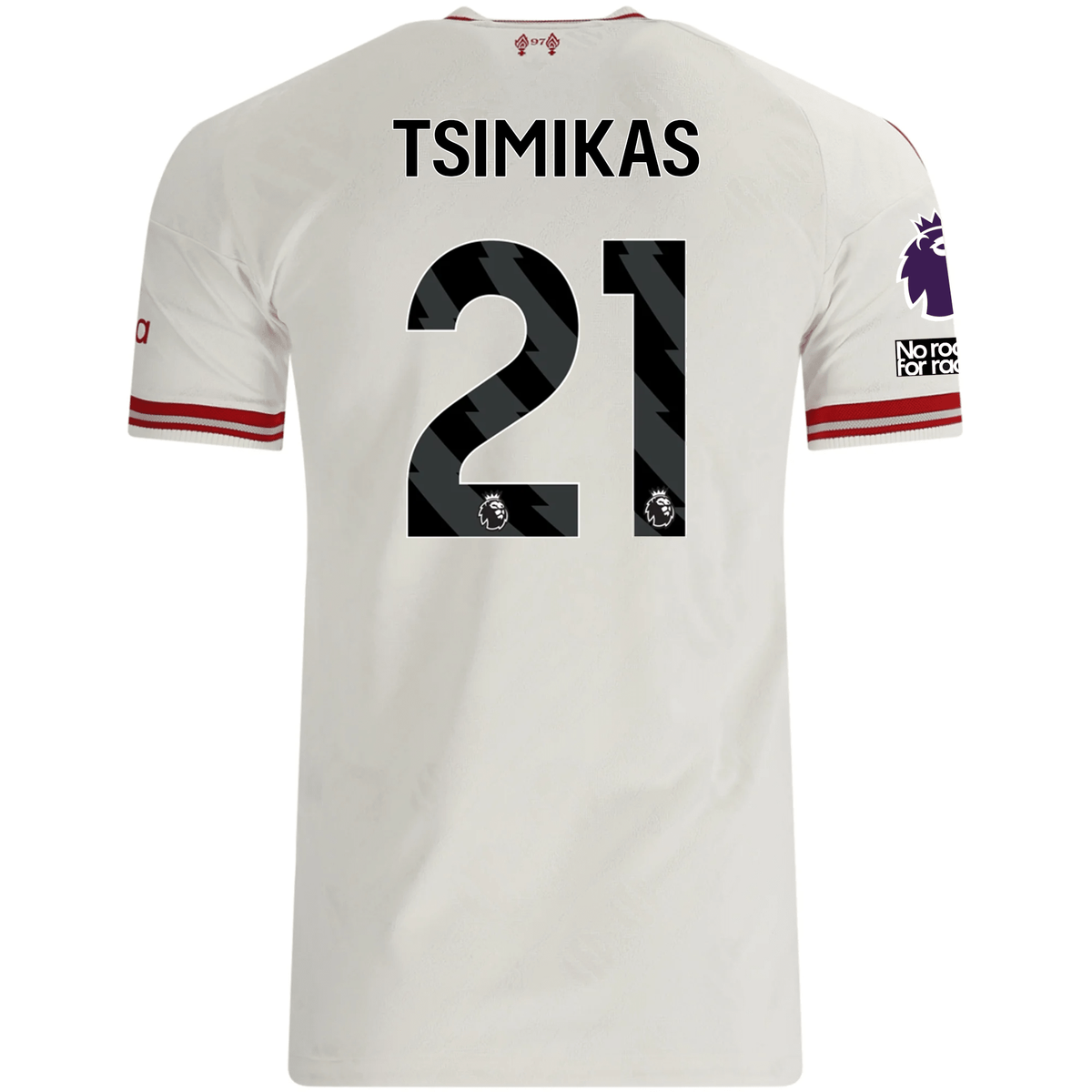 adidas Mens Liverpool Kostas Tsimikas Authentic Away Jersey w/ EPL + No Room For Racsim Patches 26/27 (White)