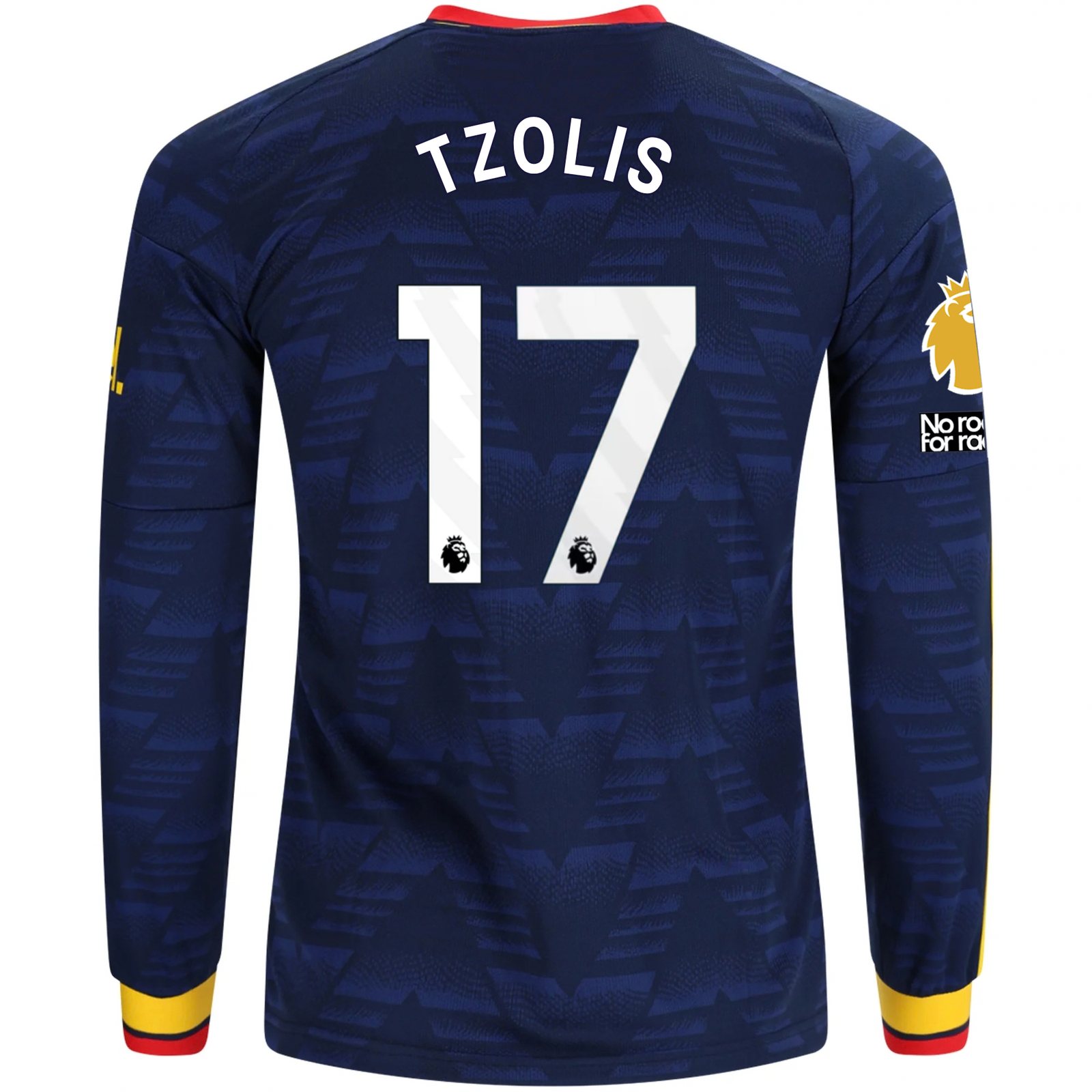 adidas Mens Arsenal Christos Tzolis Long Sleeve Away Jersey w/ EPL + No Room For Racism Patches 26/27 (Navy/Yelllow)