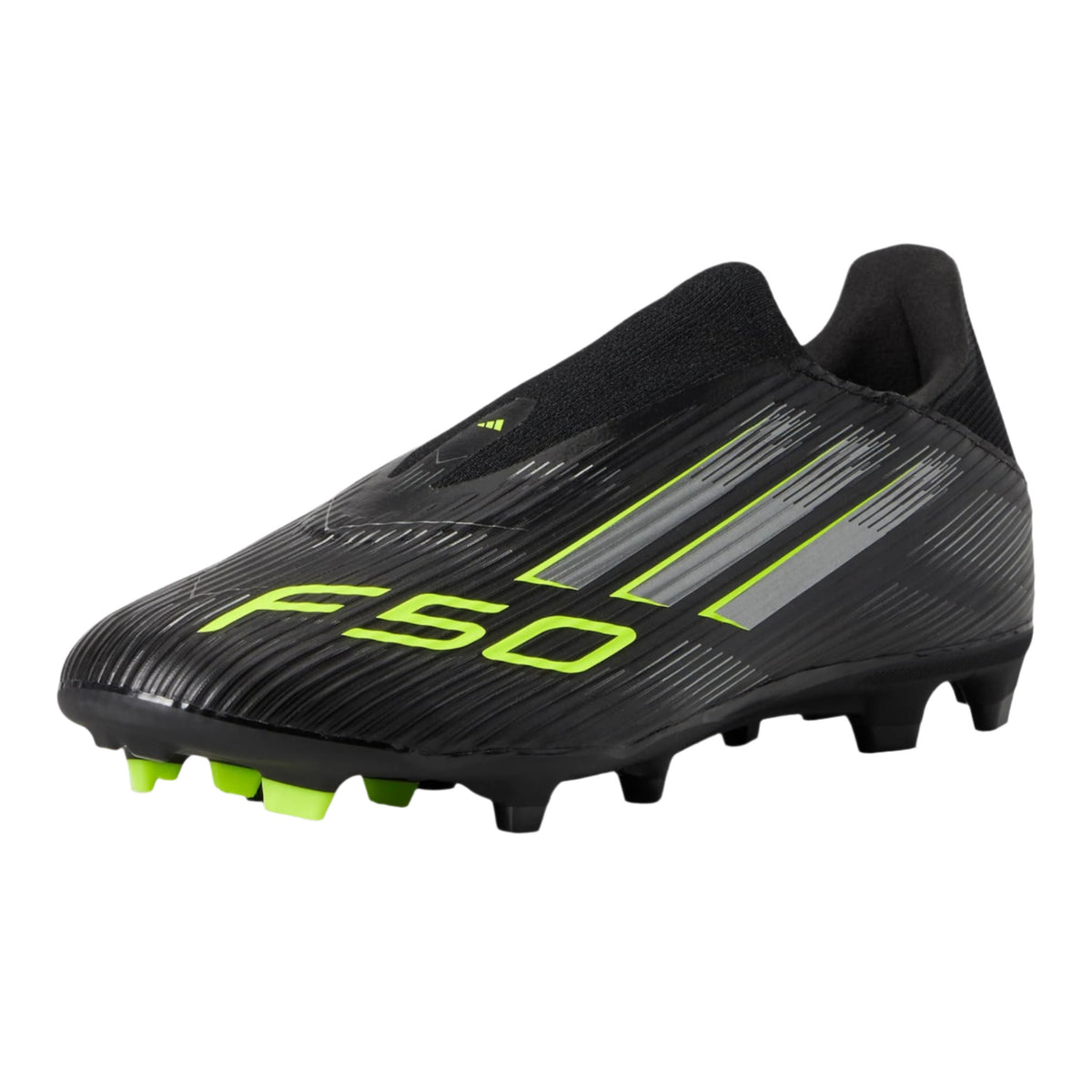 adidas F50 League Laceless Firm Ground/Multi Ground Soccer Cleats (Black/Iron Metallic/Lucid Lemon)