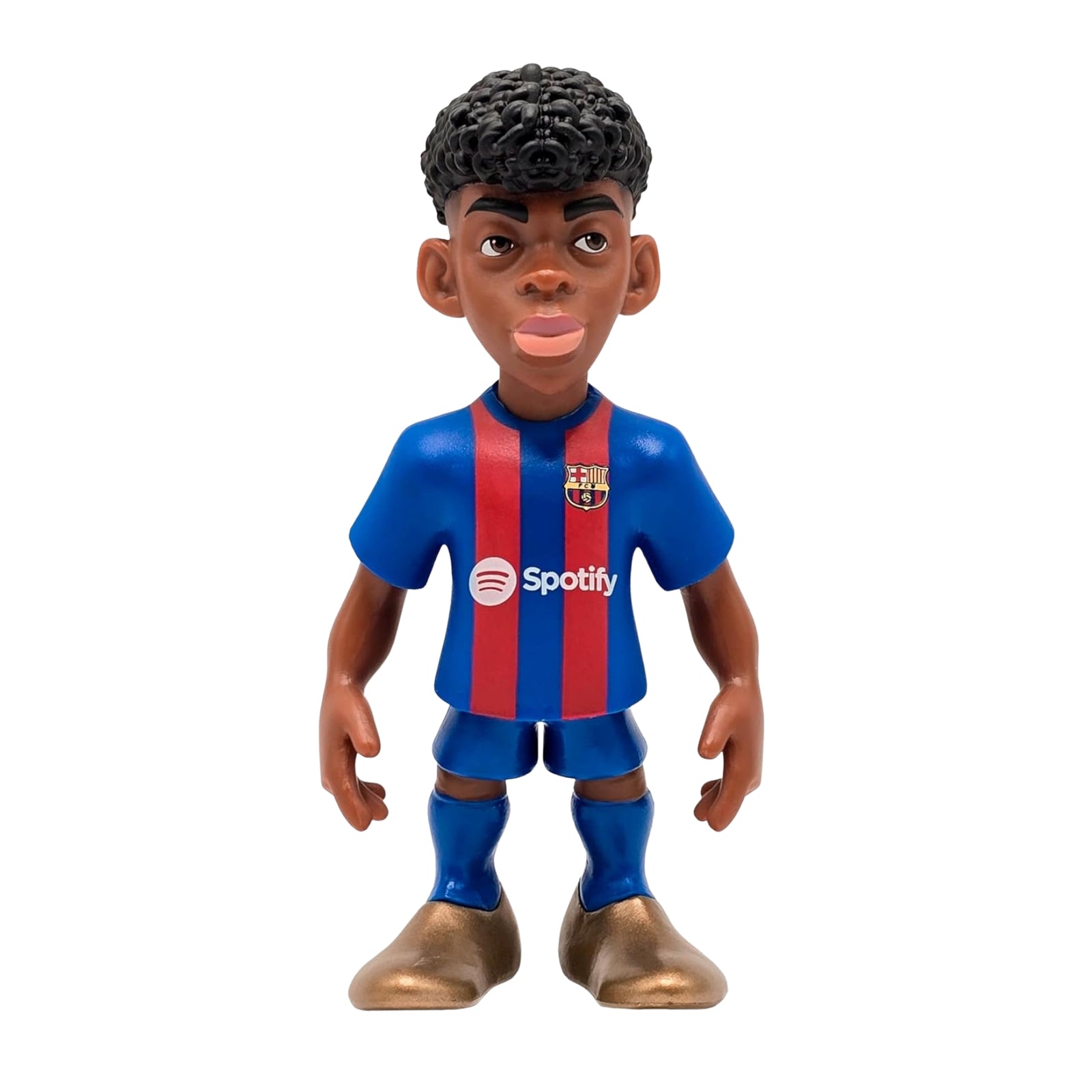 Figurine of a soccer player in a blue and red striped jersey with Spotify logo on a white background
