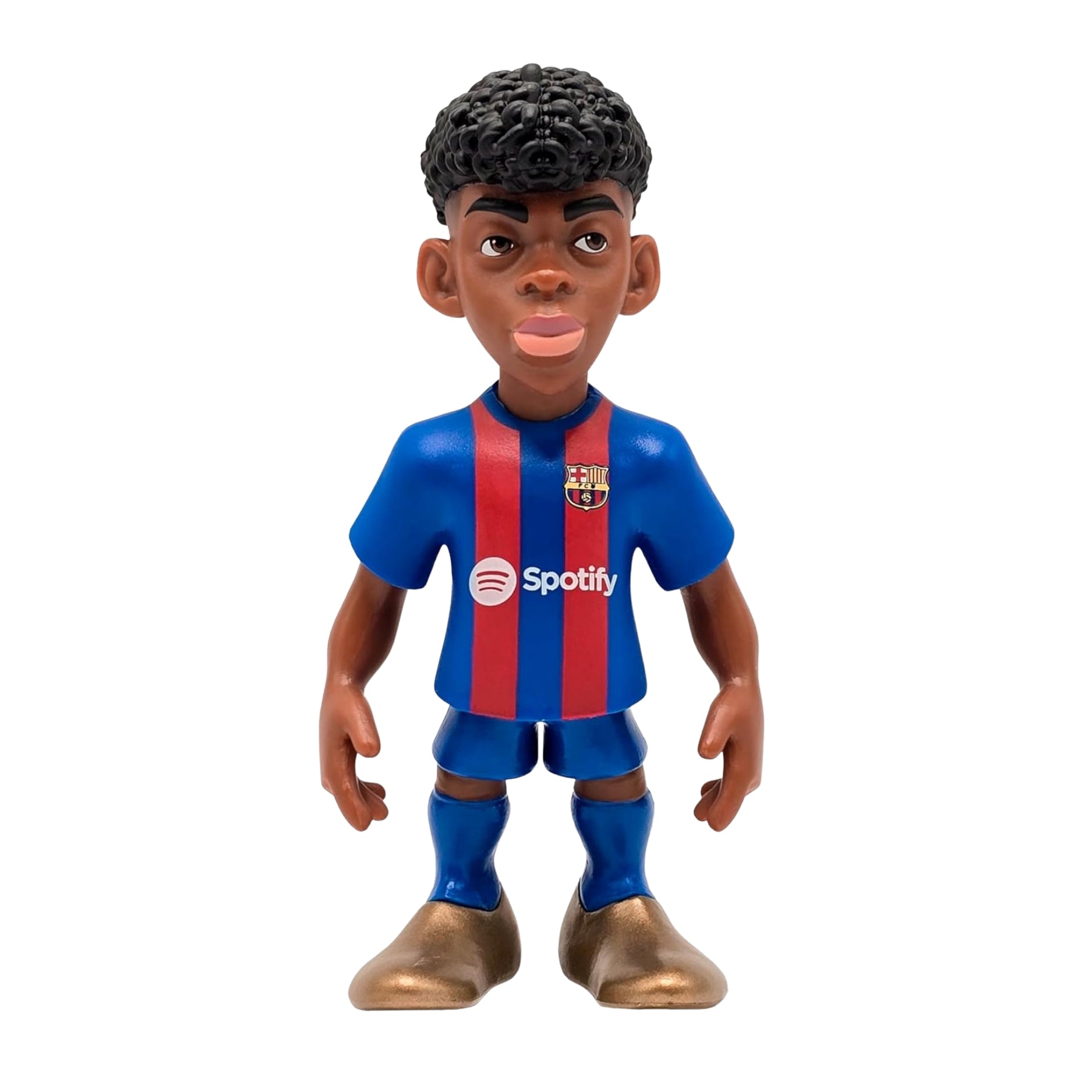 Figurine of a soccer player in a blue and red striped jersey with Spotify logo on a white background