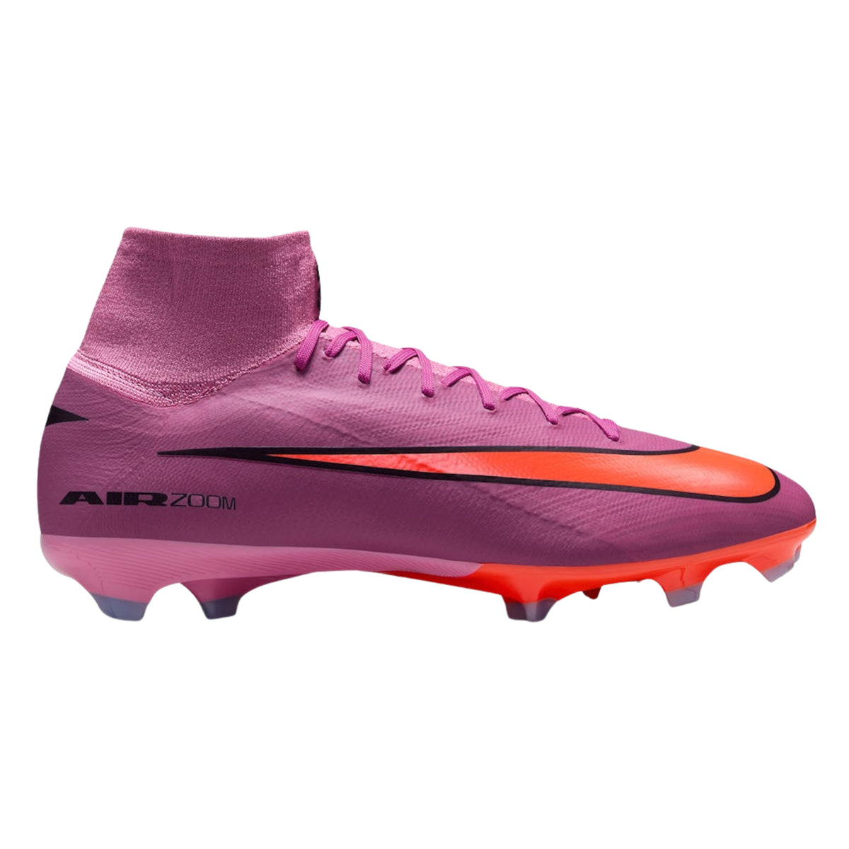 Pink soccer cleat with orange accents on a white background