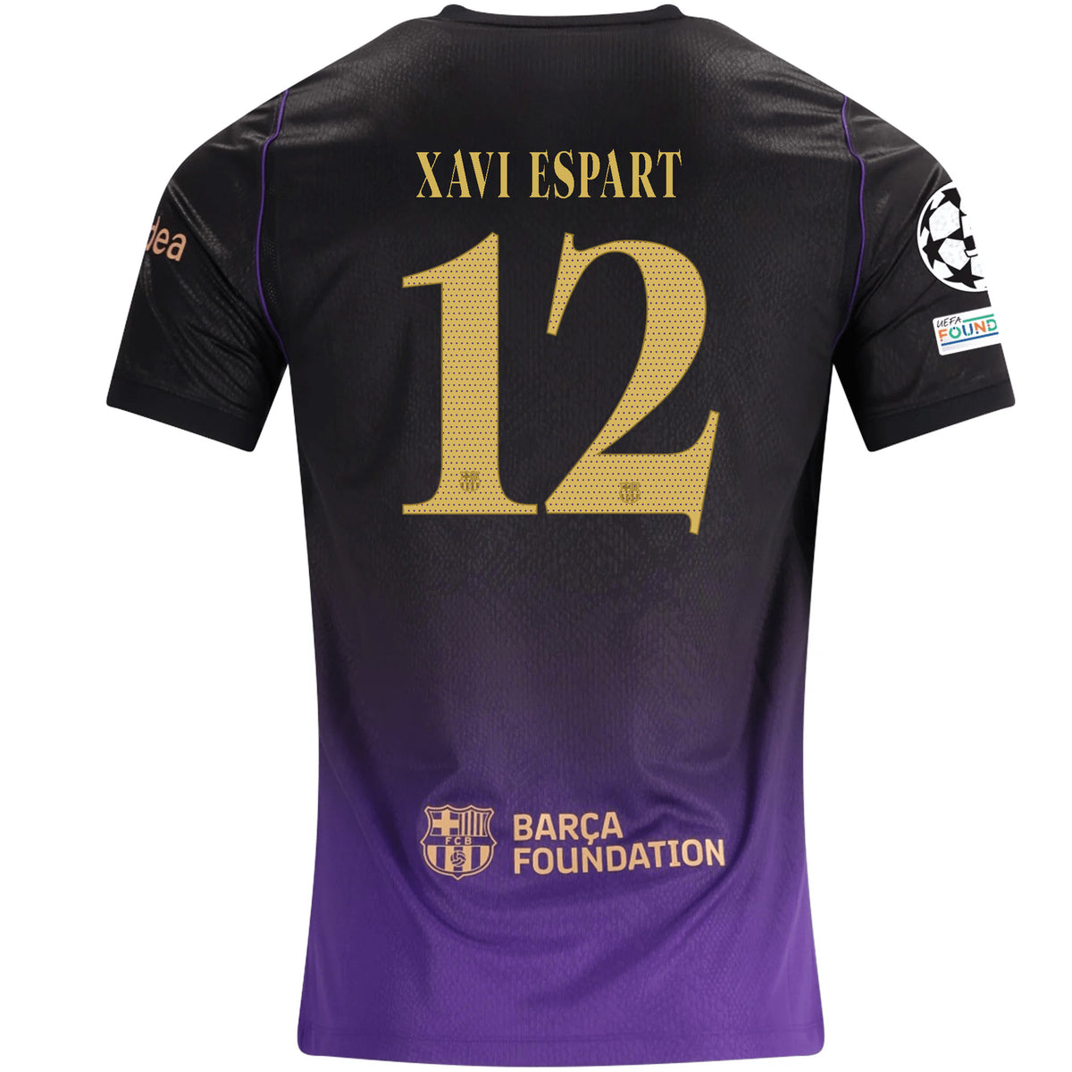 Nike Mens Barcelona Xavi Espart Away Jersey w/ Champions League Patches 26/27 (Purple/Metallic Gold)