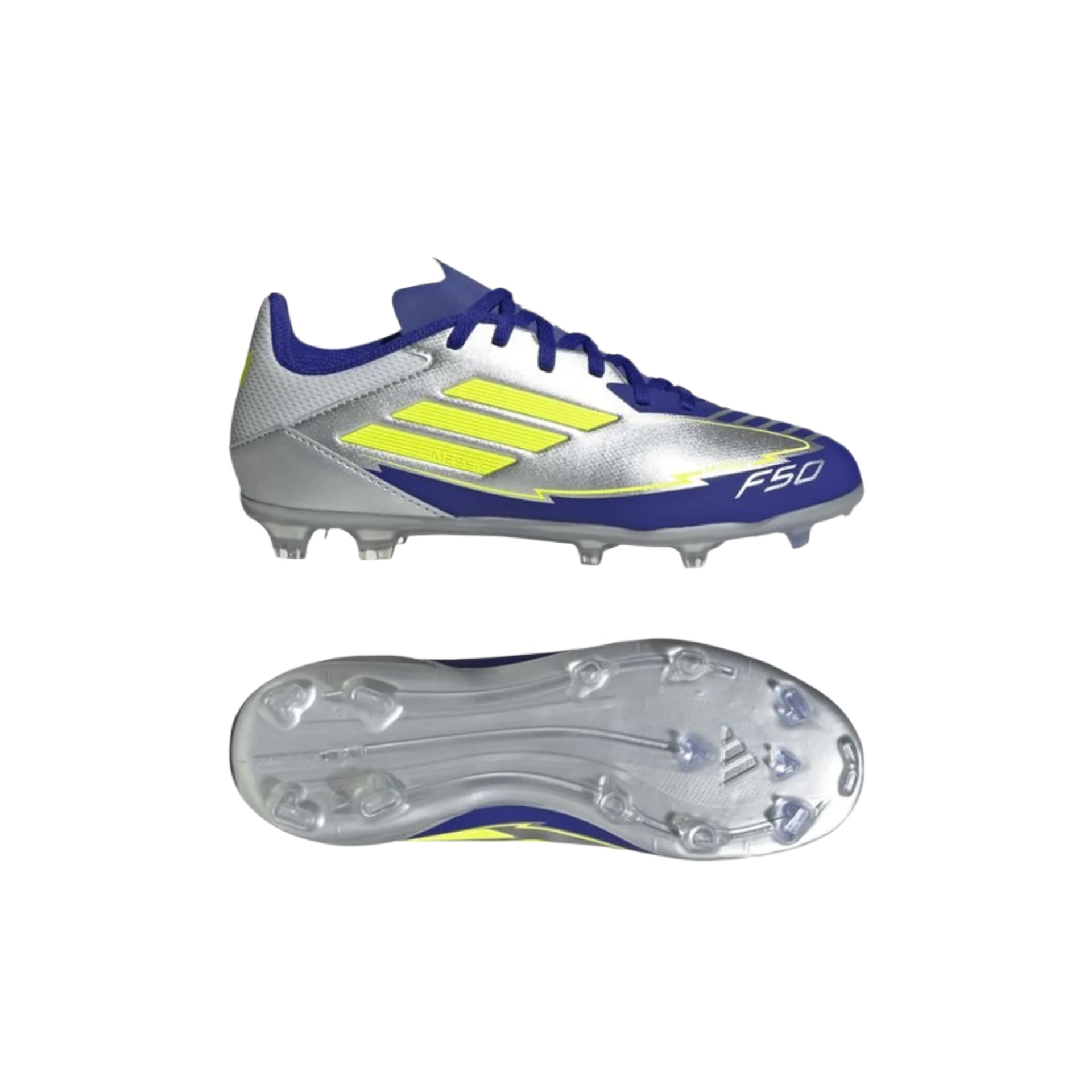 adidas Youth Jr. F50 Messi League FG/MG J Socce Cleats (Silver Metallic/Solar Yellow/Lucid Blue)