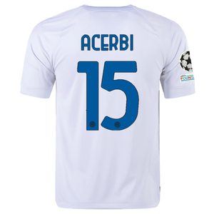 Nike Inter Milan Francesco Acerbi Away Jersey w/ Champions League + Copa Italia Patches 23/24 (White/Lyon Blue)