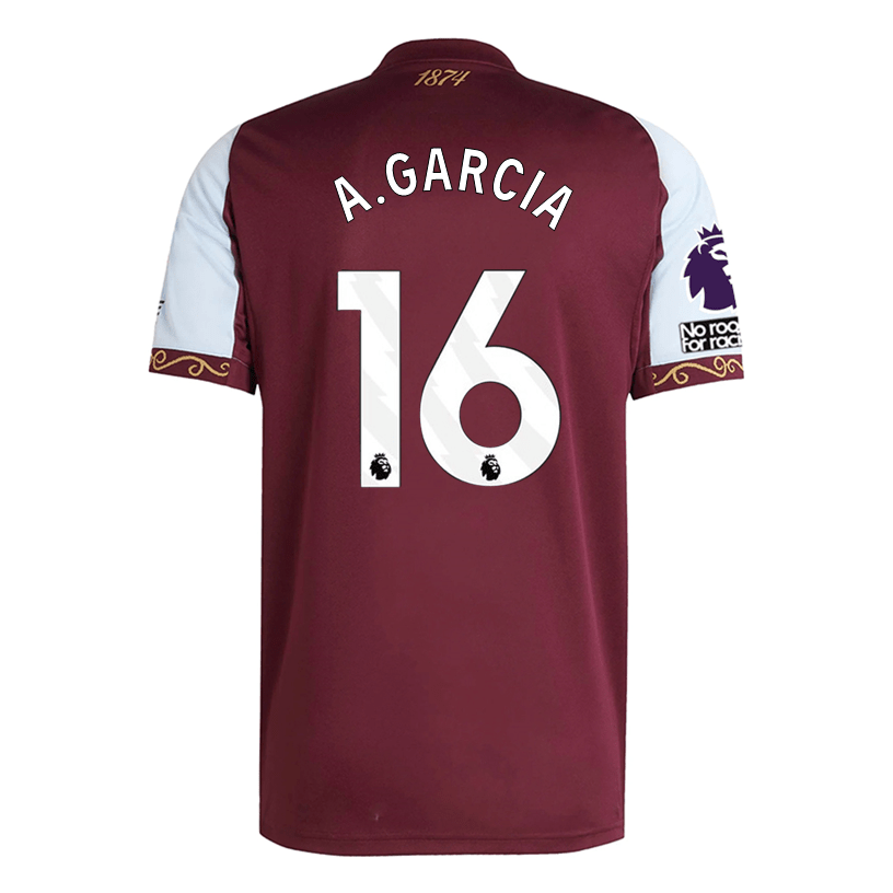 adidas A. Garcia Men's Aston Villa Home Jersey 25/26 w/ NRFR + EPL Patches (Maroon/Blue) | SoccerWearhouse