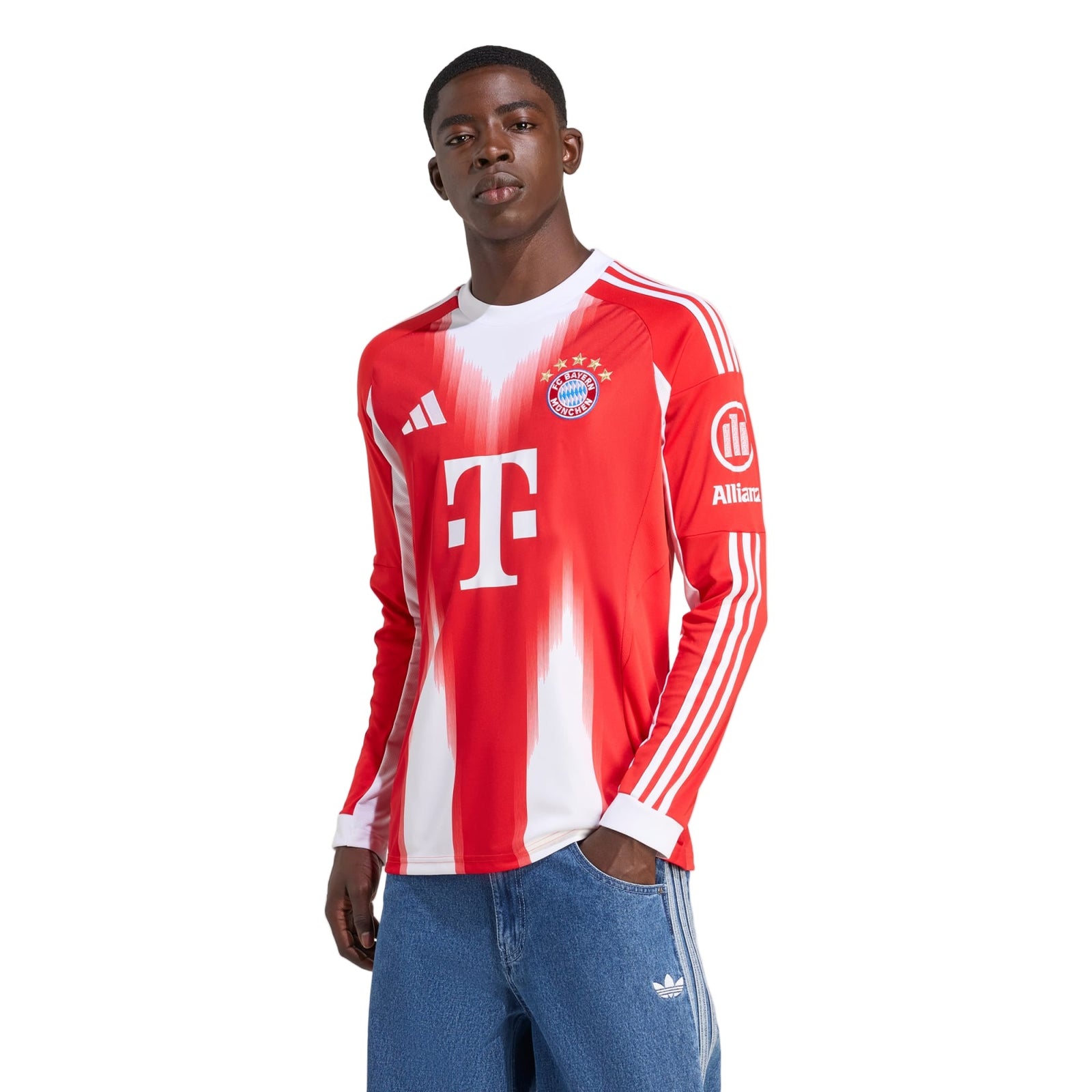 adidas Alphonso Davies Men's Bayern Munich Long Sleeve Home Jersey 25/26 w/ Bundesliga Champions Patch (Red/White) | SoccerWearhouse