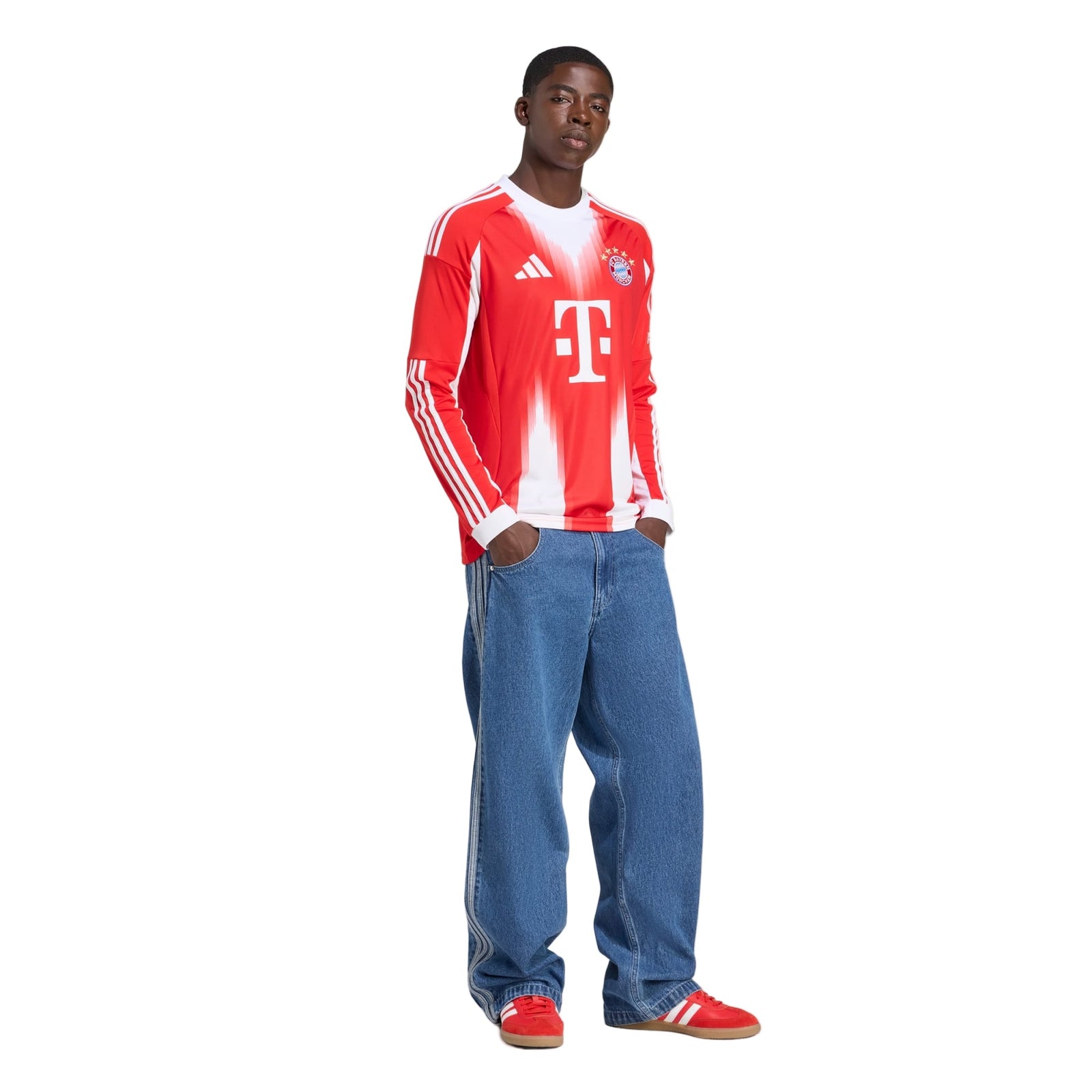 adidas Alphonso Davies Men's Bayern Munich Long Sleeve Home Jersey 25/26 w/ Bundesliga Champions Patch (Red/White) | SoccerWearhouse